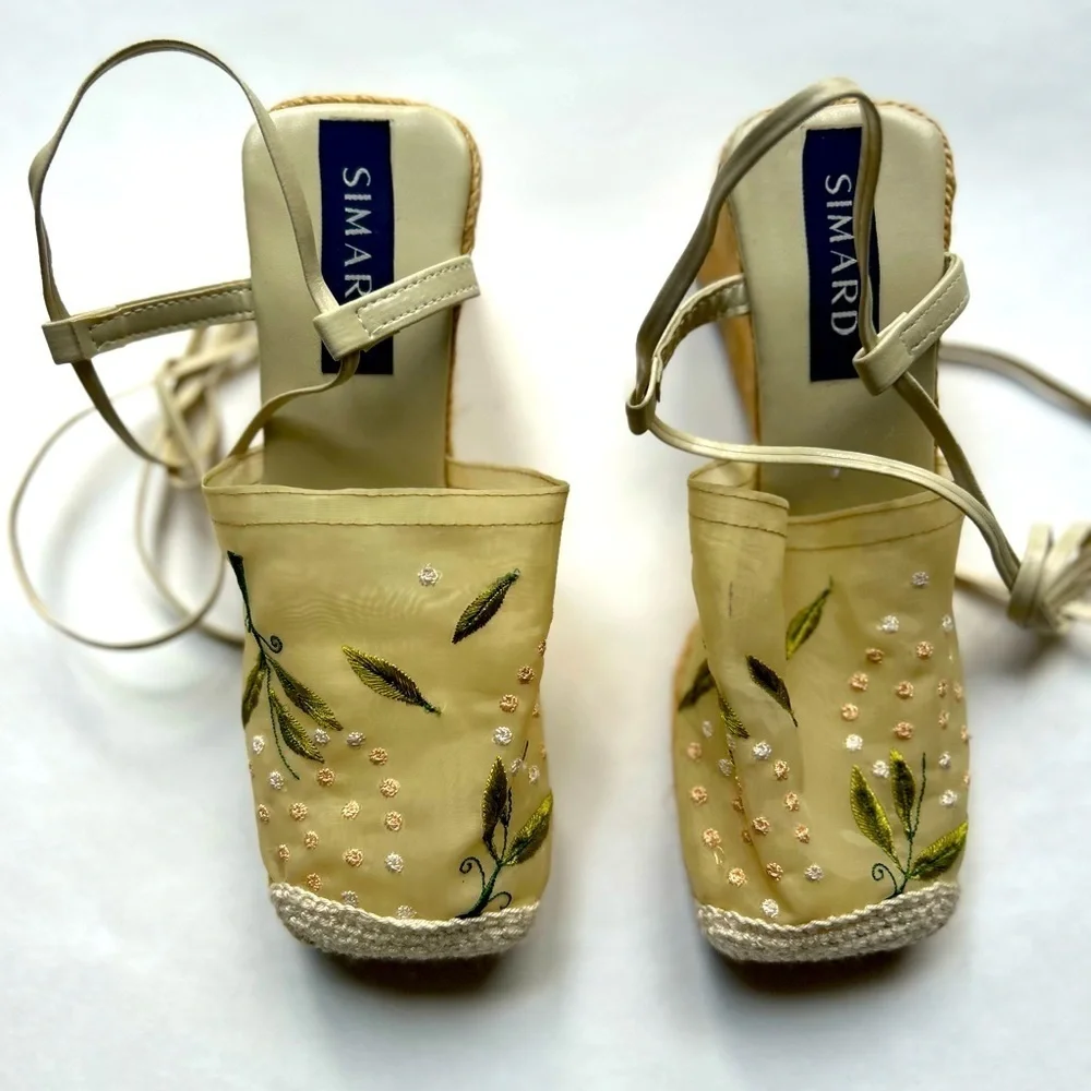 Simard embroidered Floral Ankle Tie Platform Espadrille Shoes Size 36
